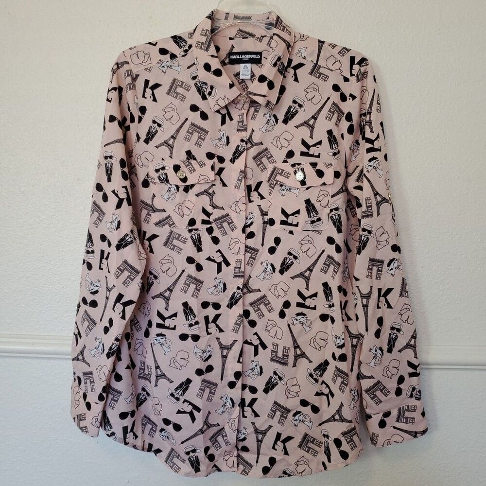 Karl Lagerfeld Blush Pink Paris Icons Cat Blouse‎ Button Down Roll Tab sz M